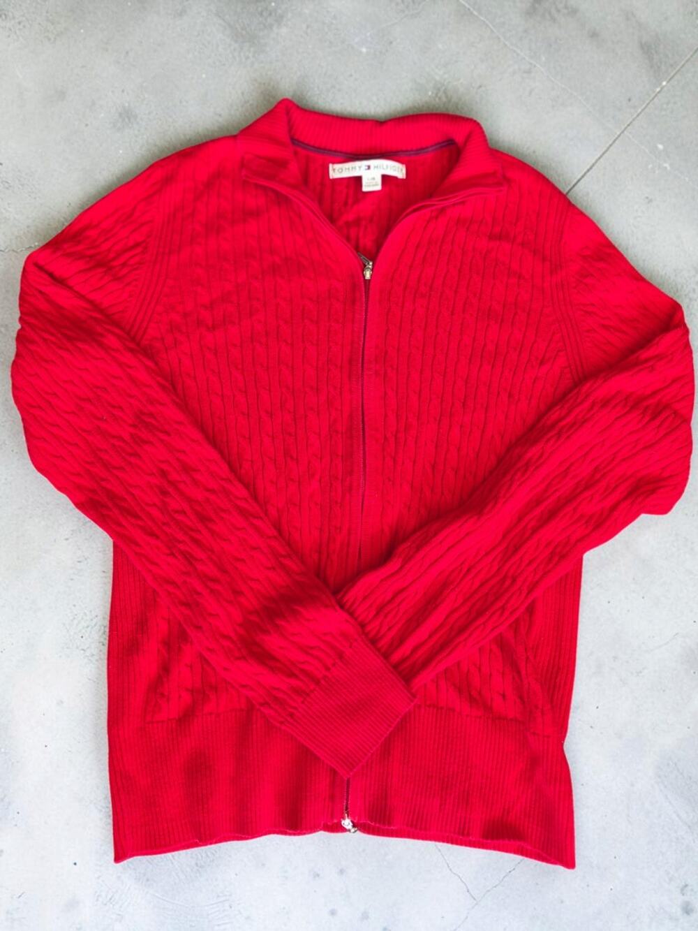 Vintage 90s Tommy Hilfiger Womens L Red Cable Knit Full Zip Sweater Hong Kong